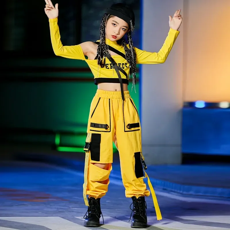 

Wear Ballroom Hiphop Rave Clothes Stage dance Costumes Girls Hip Hop Dance Costumes Children Yellow Outfits Jazz Street Dance