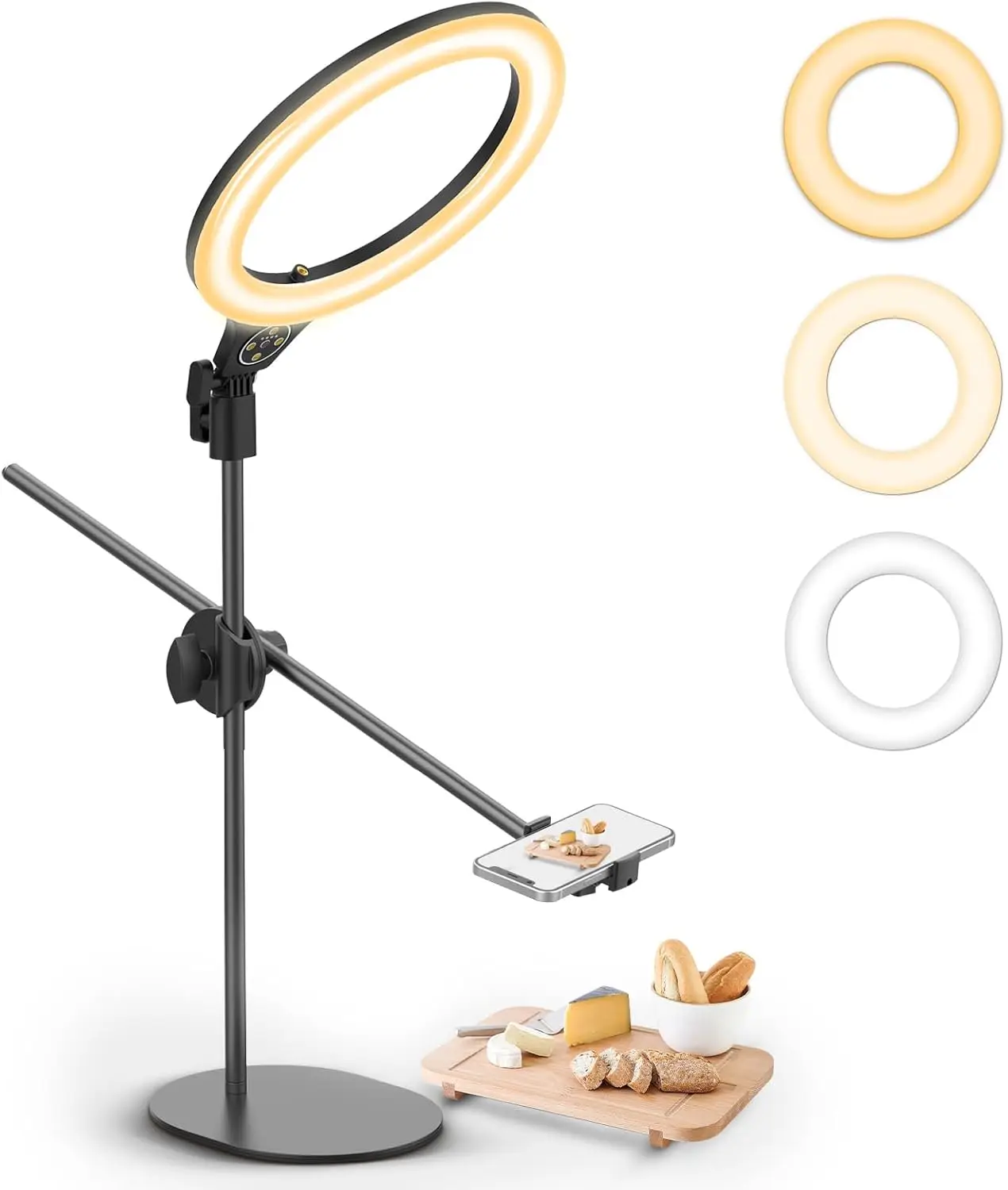 

Overhead Phone Mount Tripod with Light, 3500k-6500K 10" Desk Ring Light with Stand and Phone Holder for Video Recording,