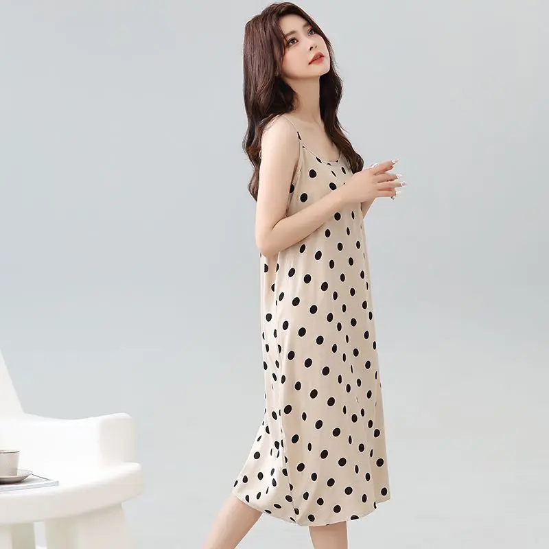 4XL Sleeveless Nightgowns Women Knee-length Polka Dot Colorful Printed Summer Leisure Home Sleepwear Stylish Sexy Simple Cozy