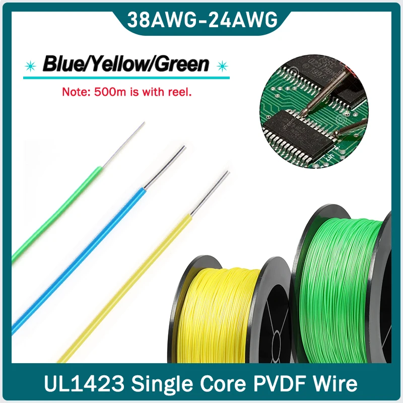 

5M-500M UL1423 PTFE Copper Wire Blue Yellow Green 38-24AWG PVDF Silver Plated Single Core Micro Fine High Temperature Cable