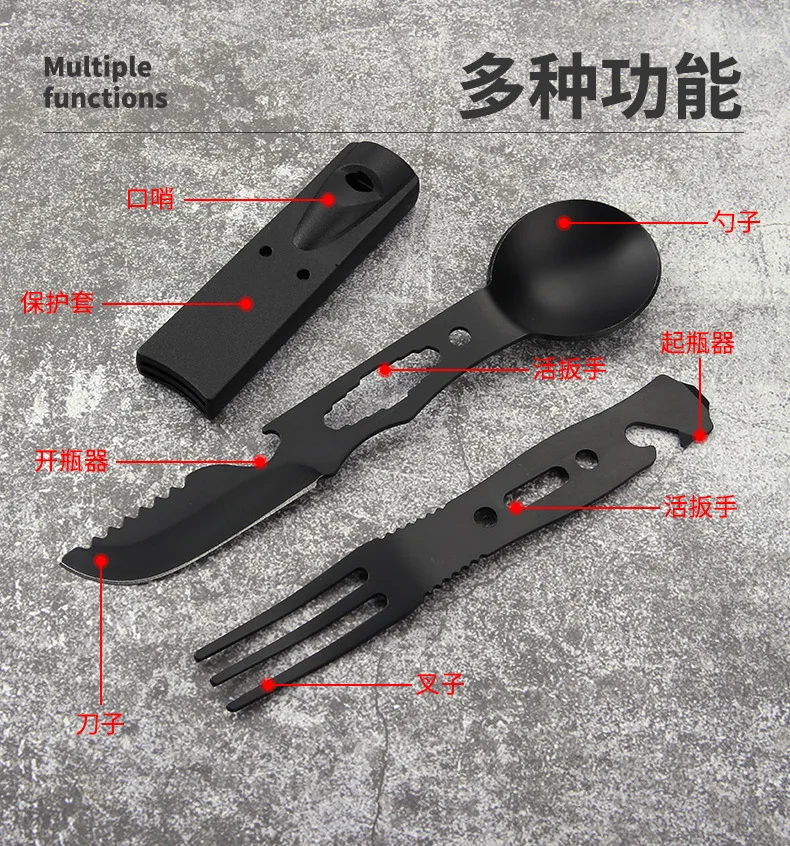 Edelstahl Camping-Besteckset Multifunktionswerkzeug mit Pfeife, Gabel, Löffel und Messer für Outdoor-Wandern und Picknick – Detail 6