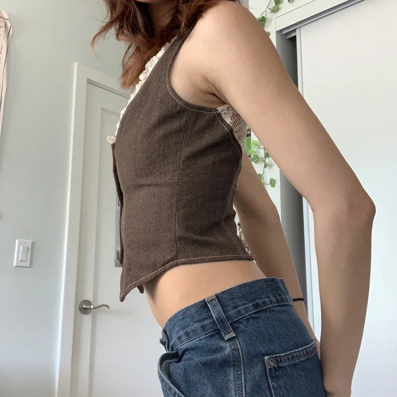 

2024 Spring Fashion, Elegance, Personalized Design, Splicing, Lace Square Neck, Solid Color Vest