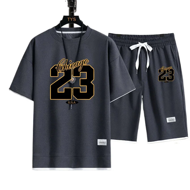 

2026 summer new men's pullover sports suit, fashionable basketball casual short sleeved T-shirt+shorts two-piece set