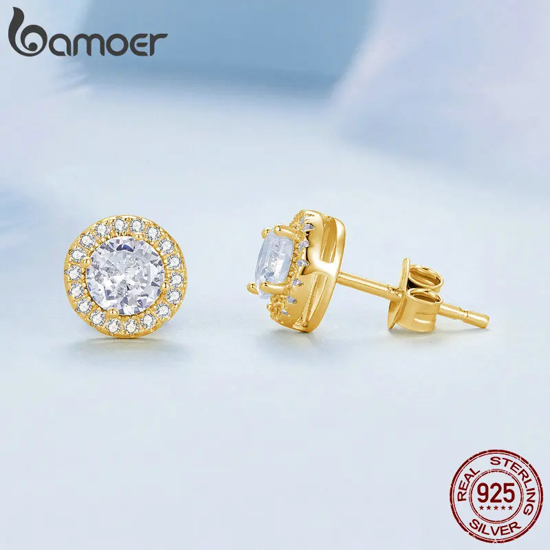 BAMOER Gold Plated Classic Halo Stud Earrings, 925 Sterling Silver Hypoallergenic Elegant Earrings Engagement Wedding Jewelry