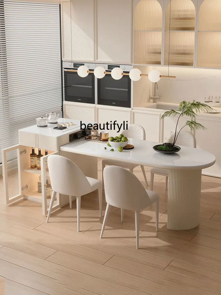 Cream Style Stone Plate Kitchen Island Dining Table Modern Light Luxury Household Integrated Retractable Multifunctional