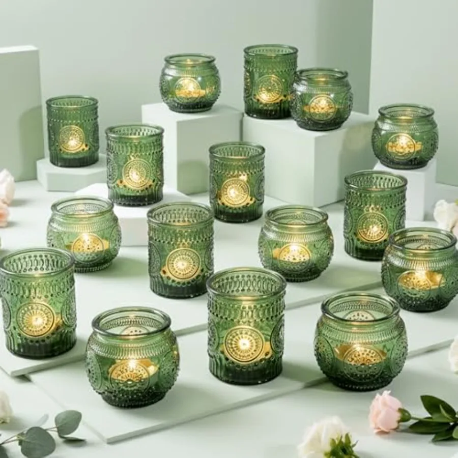 

36 Pcs Green Candle Holders Bulk for Wedding Table Centerpieces - Assorted Glass Tea Light Holders for Vintage Wedding Table Ce