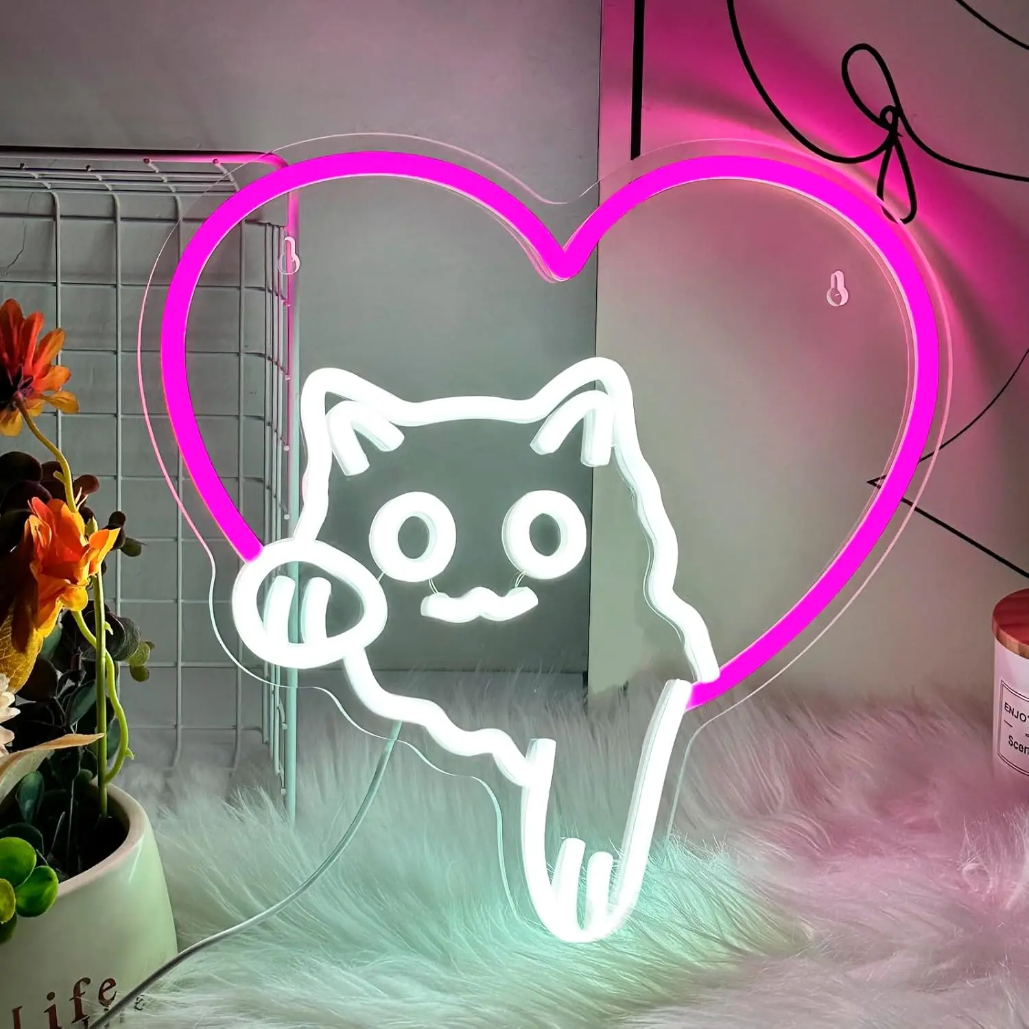 

Kawaii Cat Neon Sign for Wall Decor Dimmable Adorable Heart LED Neon Lights for Pet Shop Bedroom Girls Room Decor Lover Gift