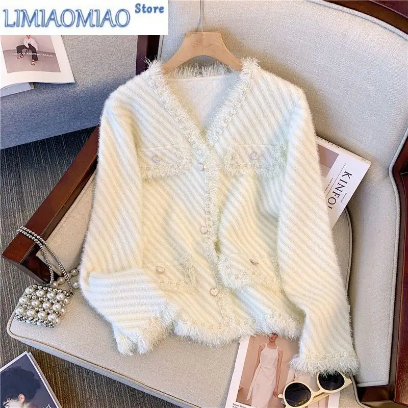 Sweet Lady Woolen Coat Woman Spring And Autumn New V-neck Striped Knit Cardigan Ladies Jacket Tassel Loose Top