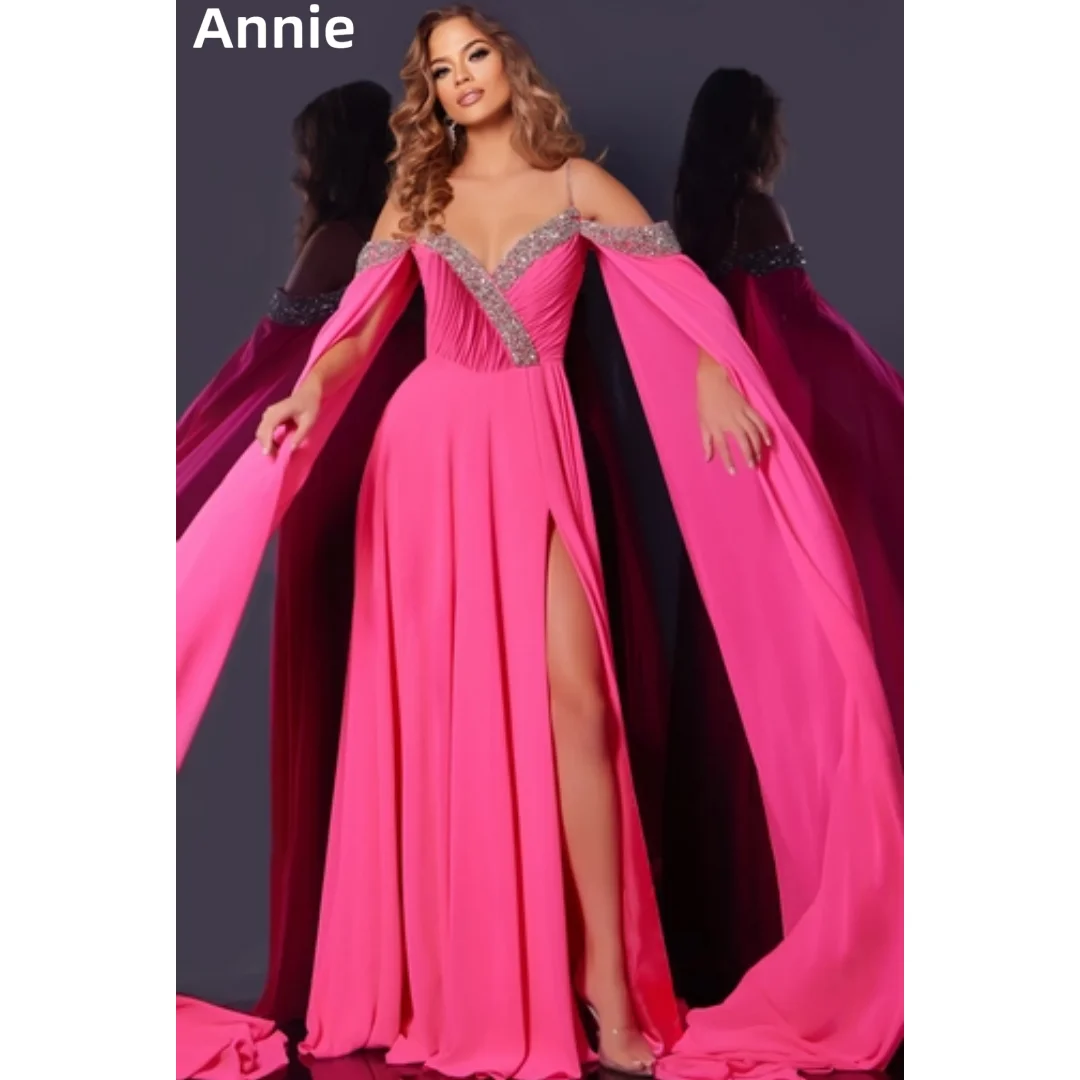 

Annie Hot Pink Prom Dresses SHandmade Glitter Beads Evening Dresses A-line Side Slit Chiffon Elegant Ladiesفساتين سهرة