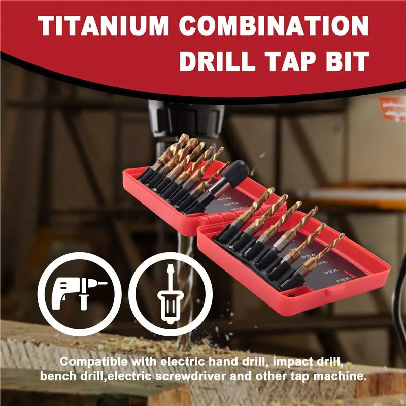 Y50A-Titanium Combination Drill Tap Bit Set 13PCS SAE And Metric Tap Bits Kit For Screw Thread Drilling Tapping Deburring