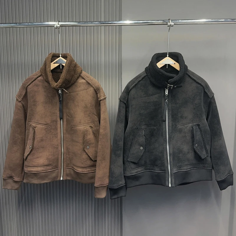 

Высококачественная кожаная куртка из овечьего флиса на молнии с воротником-стойкой, свободная куртка для мужчин и женщин, зимняя теплая куртка, пальто, одежда