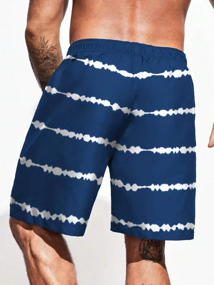 Mens Tie Dye Stripe Shorts Elastic Waist Drawstring Lightweight Casual Beach Shorts