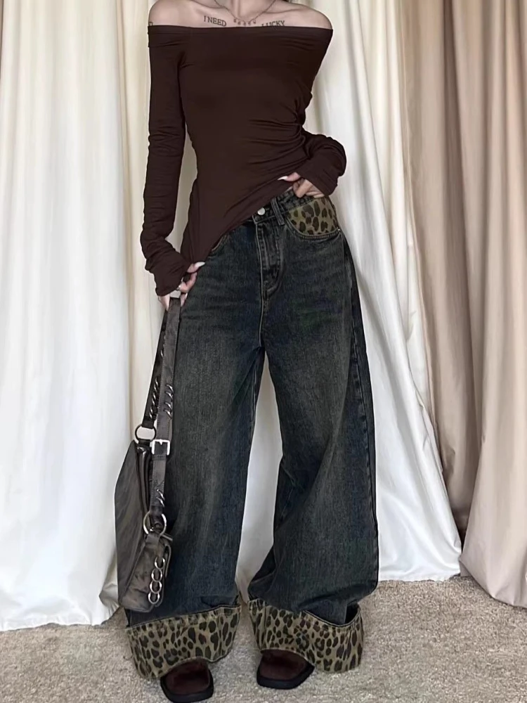 HOUZHOU-pantalones vaqueros con estampado de leopardo Retro americano para mujer, pantalones holgados lavados Vintage Y2k, pantalones vaqueros de calle con retales Grunge