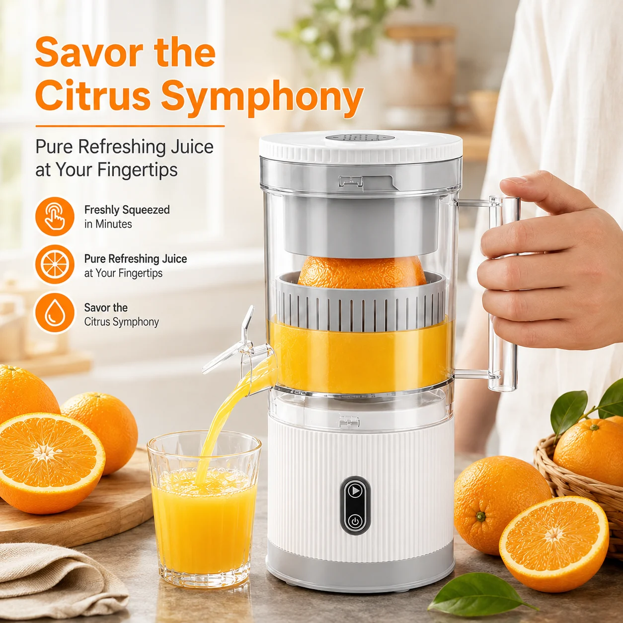 Portable electric juicer, suitable for oranges, lemons, grapefruit and other fruits. Smooth juice, simple operation,