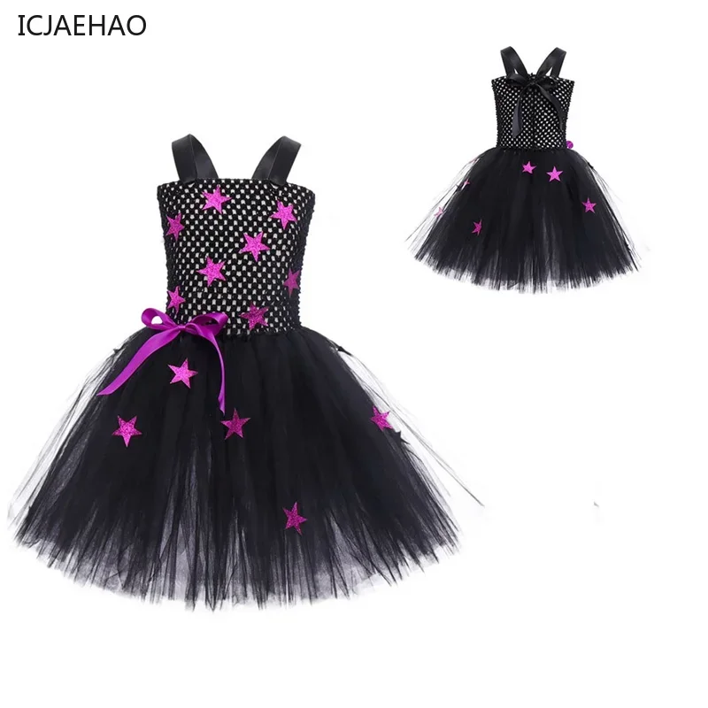 2025 Children Party Witch Dress New Purple Girls Costumes Fashion Sleeveless Star Tutu Clothes Kids Birthday Dresses Vestidos