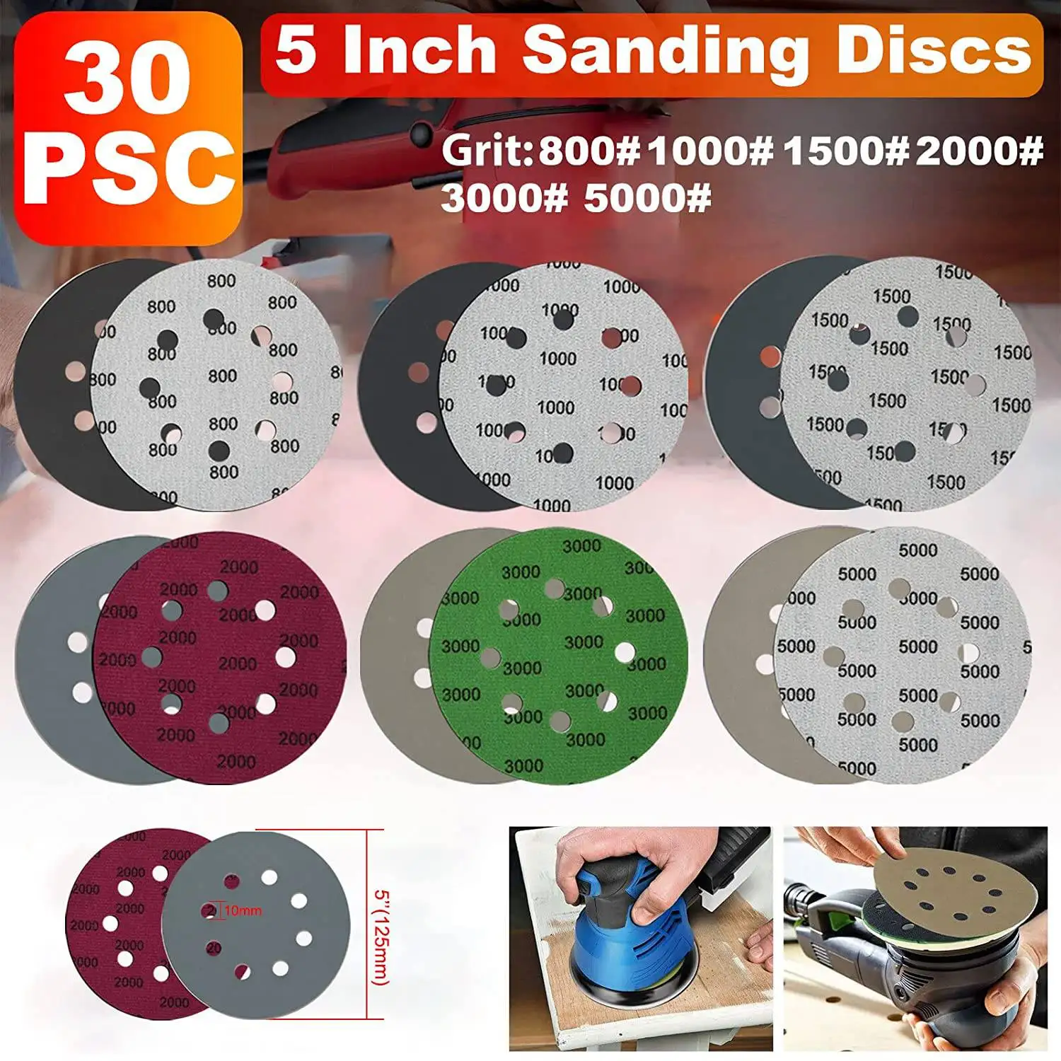 30Pcs 5-Inch Sanding Disc Sets, Hook&Loop 5-Inch 8-Hole Combination (800/1000/1500/2000/3000/5000) Sandpaper