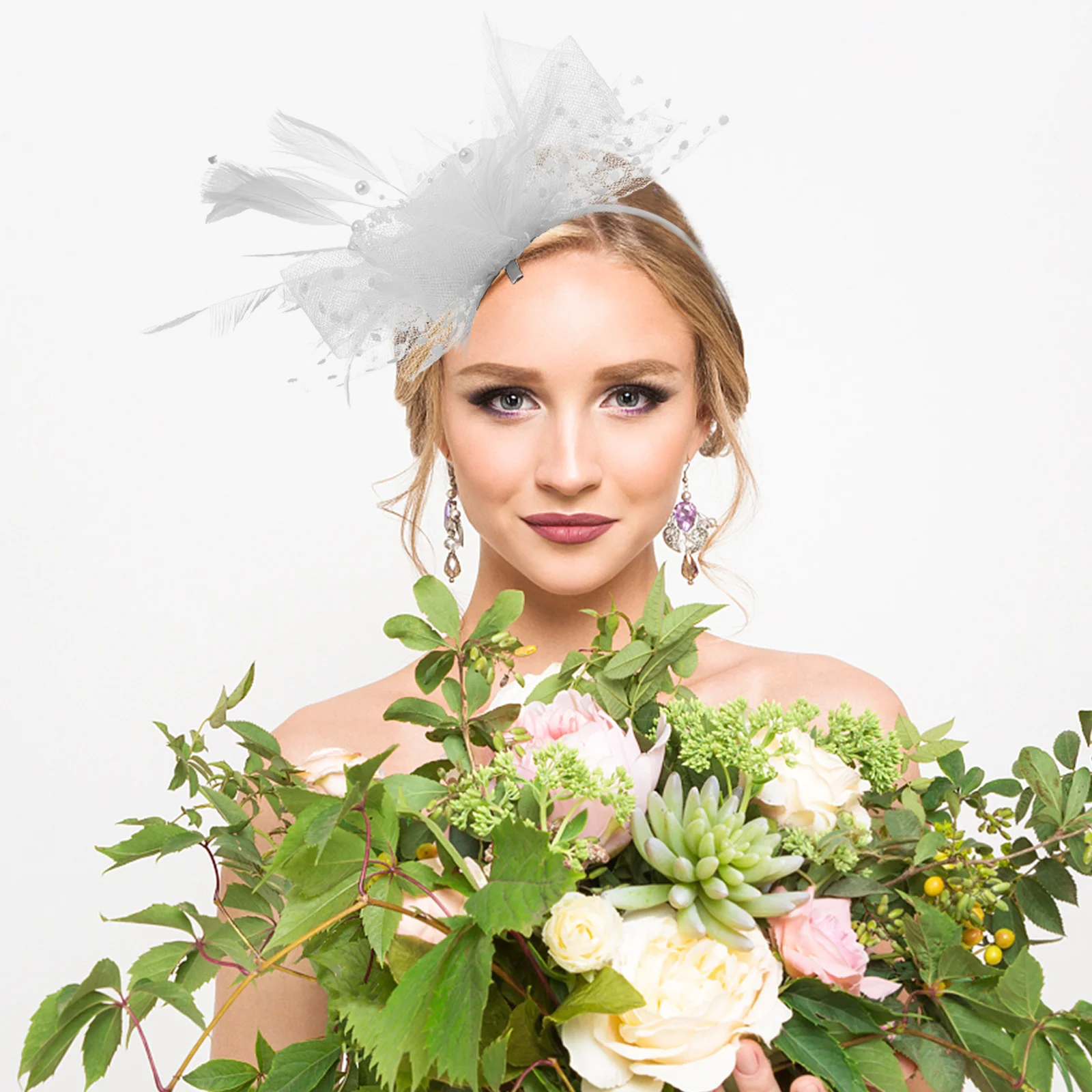 

Flower Headband Women Girls Bridal Party Hair Accessory Plume White Baby Headwear Decor Elegant Retro Bride Hairstyle