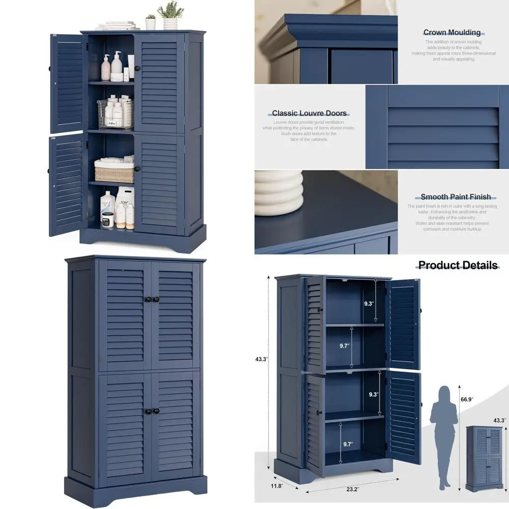 

Vintage Blue 43 Storage Cabinet with Stable Base, Classic Louvre Doors, Adjustable Shelves for Home Use