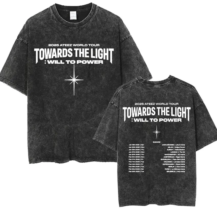 Korean ATEEZ 2024 World Tour T Shirts Towards The Light Vintage Washed T-shirt Men Women Hip Hop Fashion Clothing Oversized Tees