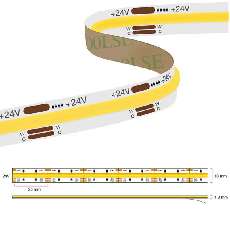 CCT COB LED Strip Light 24V Double Color Dual Colour High Density Linear Tape 2700K To 6500K CRI90 RA90 Ściemnialna lina wstążkowa FOB