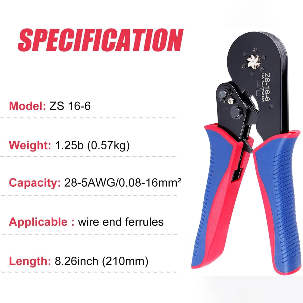 Ratchet Crimping Tools ZS 16-6 Hexagonal Jaw Wire Crimping Pliers,AWG 28-5 (0.08-16mm²) Ferrule with Terminal Connector Sleeves