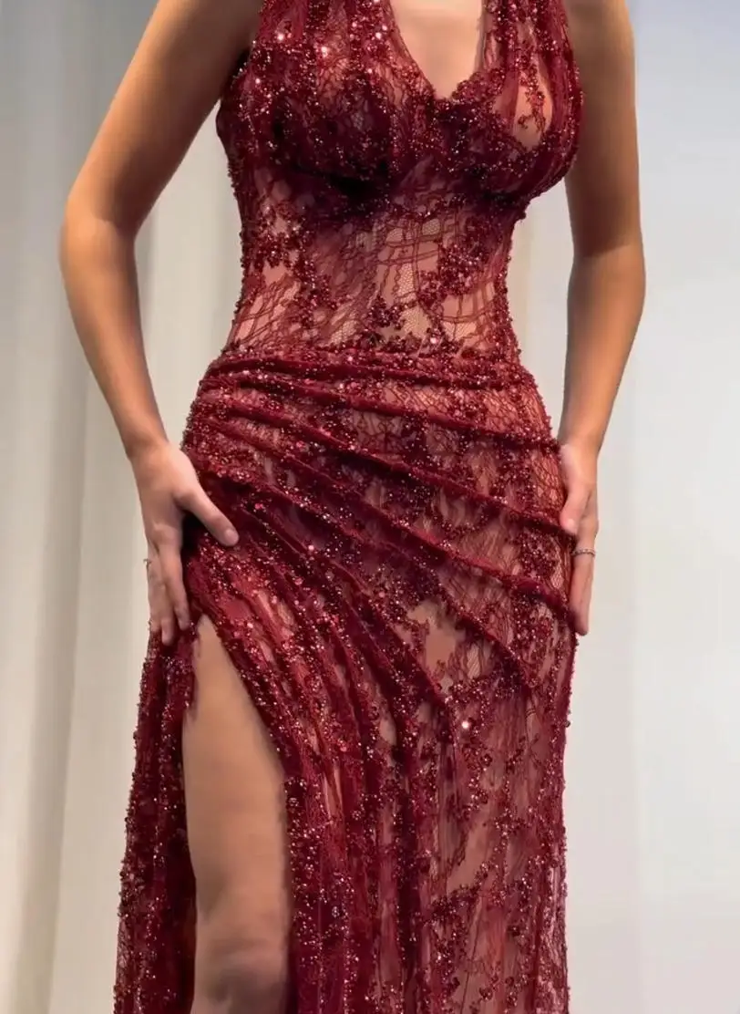 Customized Burgundy Halter Neck Sheer Lace Sequin Evening Dress High Slit Bodycon Prom Gown Party Formal Red Carpet Dresses view 4