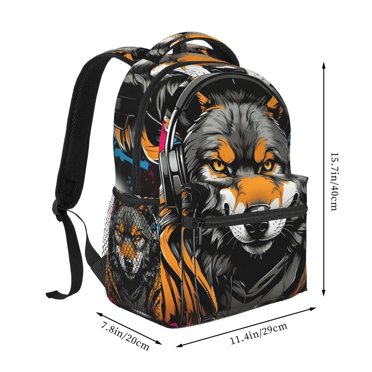 Colorful Headphone Wolf Graffiti Backpack Hot Sale Daypack Large Capacity Kids BookBag School Bag Shoulder Bags for Men Women