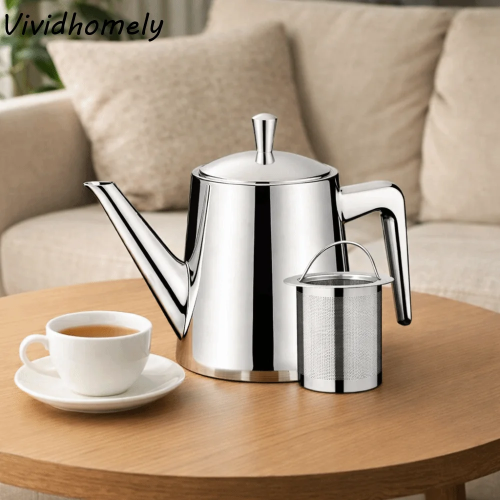 

High-end 2 in 1 Stainless Steel Long Spout Teapot with Filter Large Capacity Tea Kettle Mirror-like Rustproof Hotel Teapot Stove