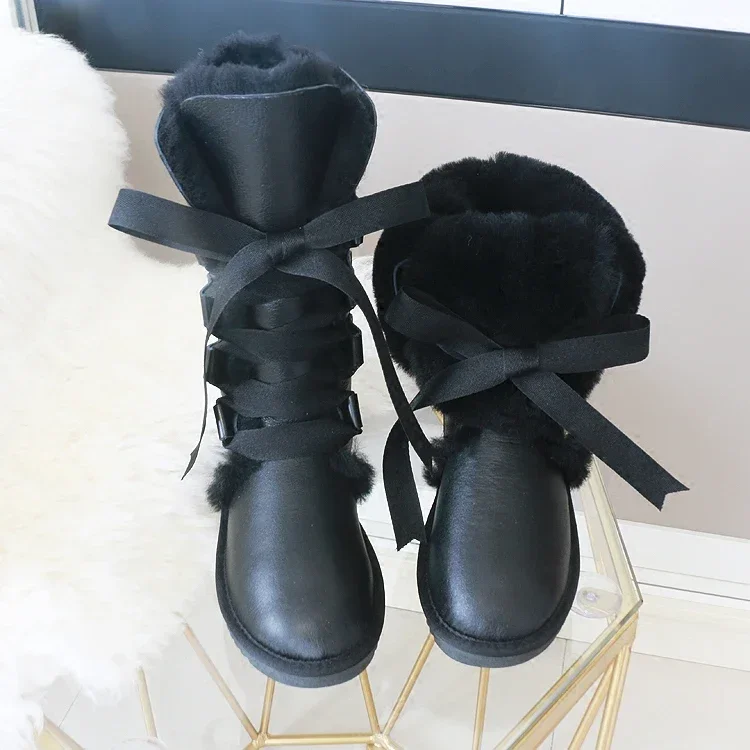 Fashion Lace Up Women Boots Natural Fur Winter Boots Non-slip Rubber Soles Genuine Sheepskin Leather Snow Boots Waterproof Shoes