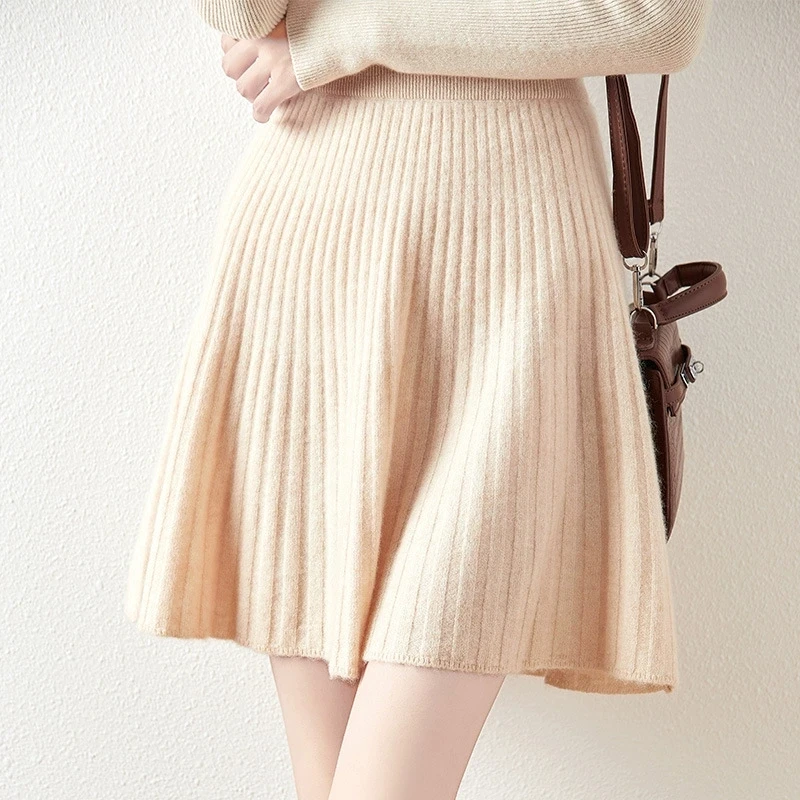 

100% Wool Knitted Short Skirt for Women 2025 Fall Winter Solid Korean Elastic High-waist Female Pure Wool Mini Pleated Skirts