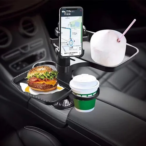 Imagen 2 del producto Soporte para teléfono y taza para coche, bandeja de montaje con rotación de 360 grados, ranura para mesa, accesorios para bebidas ajustables organizados para alimentos