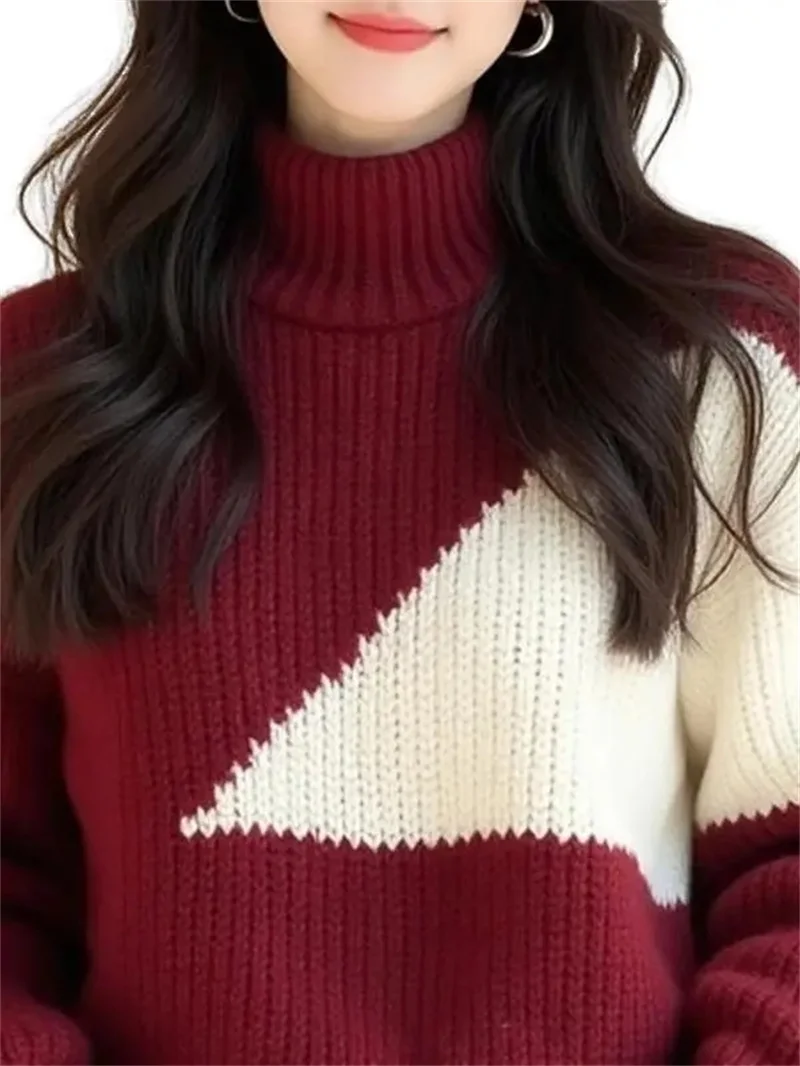Wine Red Contrasting Irregular Thick Thread Sweater For Women 2025 New Autumn And Winter European Heavy Industry Unique Chic Top