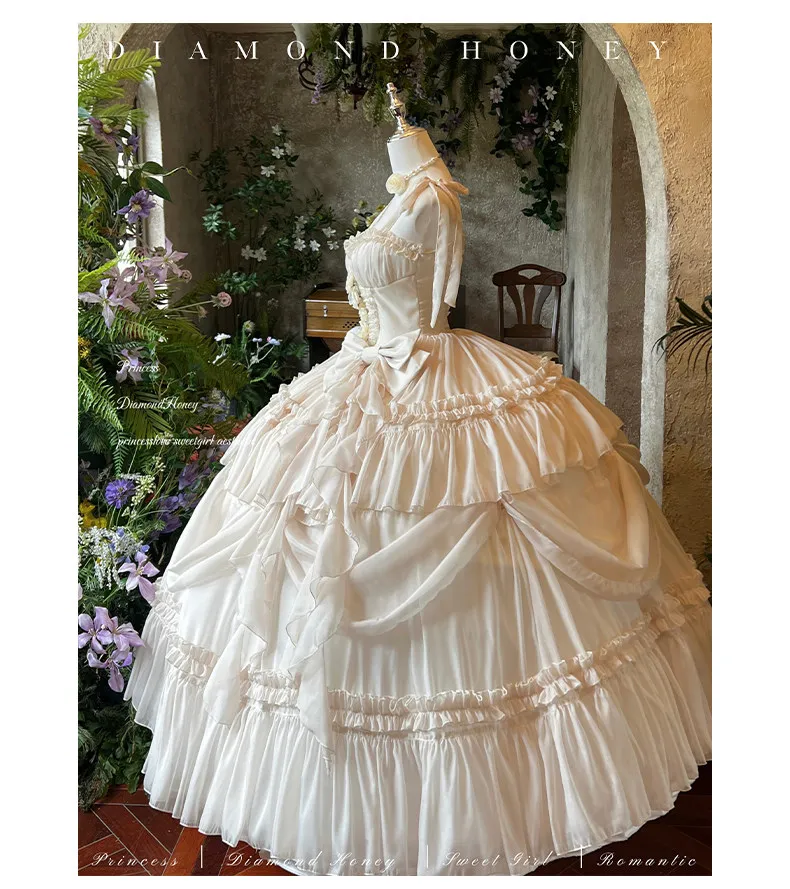 Cream White Sweet Lolita JSK 3D Floral Appliqué Corset Lace-Up Multi-Layer Ruffle Drape Voluminous Floor Length Princess Dress view 6