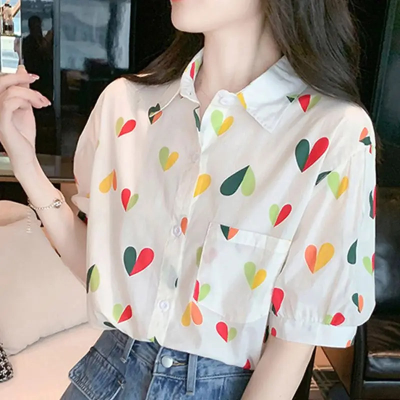 

Korean Fashion Printed Turn-down Collar Shirt For Female Summer All-match Short Sleeve Casual Button Blouse Women's Clothing