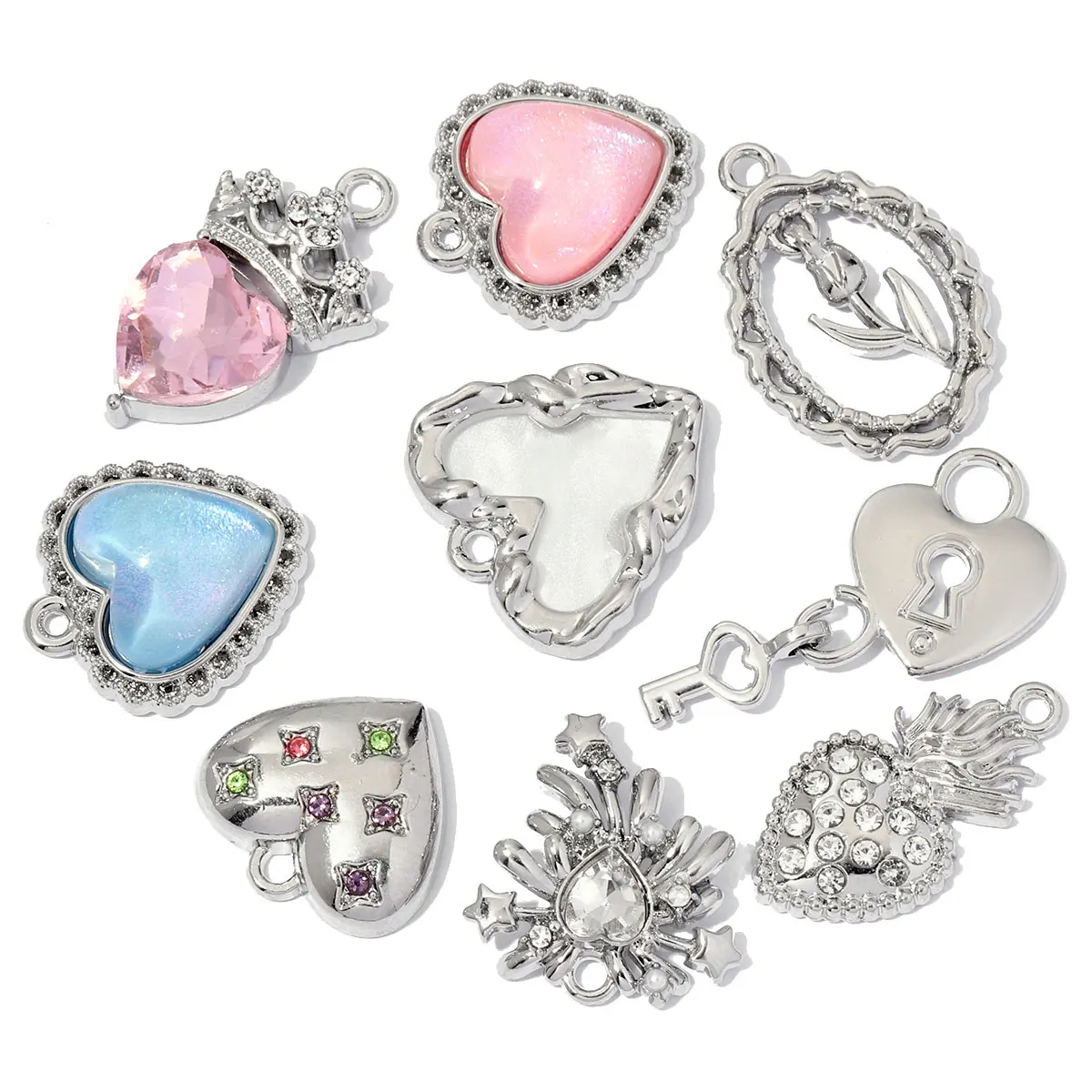 7pcs/lot High Polished Crown Love Heart Lock Key DIY Charms Vintage Oval Tulip Flower Zinc Alloy Necklace Pendant Women Jewelry