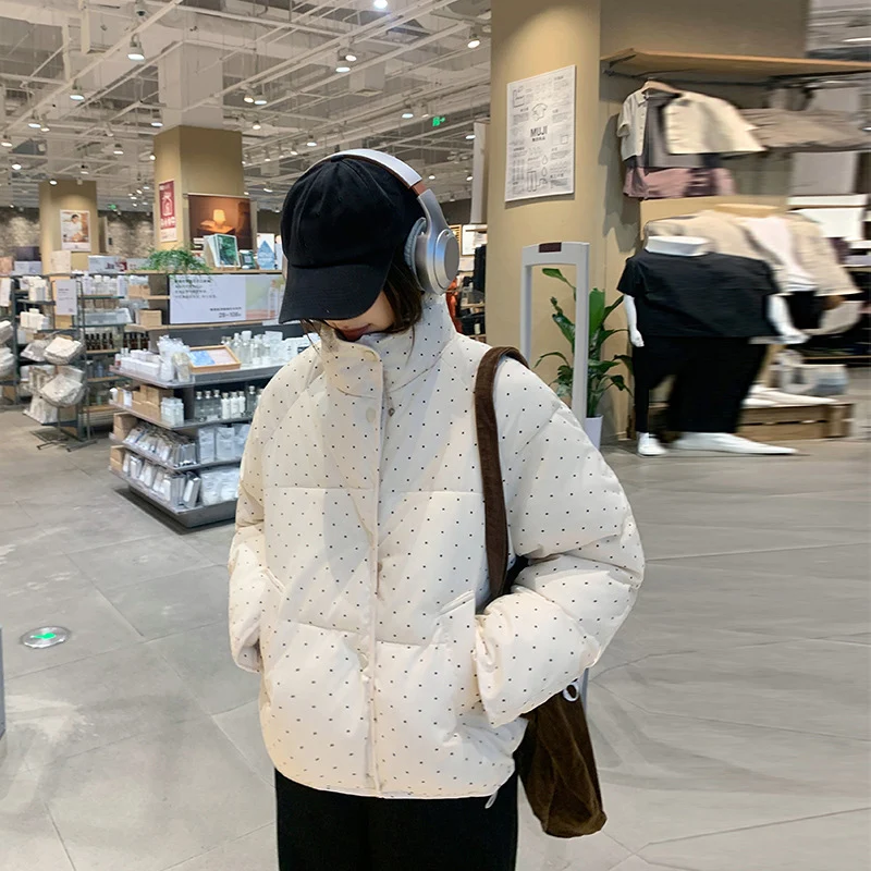 

New Fashion Dot Pattern Cotton Jacket Women Sweet Cute Korean Stand Collar Jacket Winter Puffy All Match Warm Down Cotton Parkas