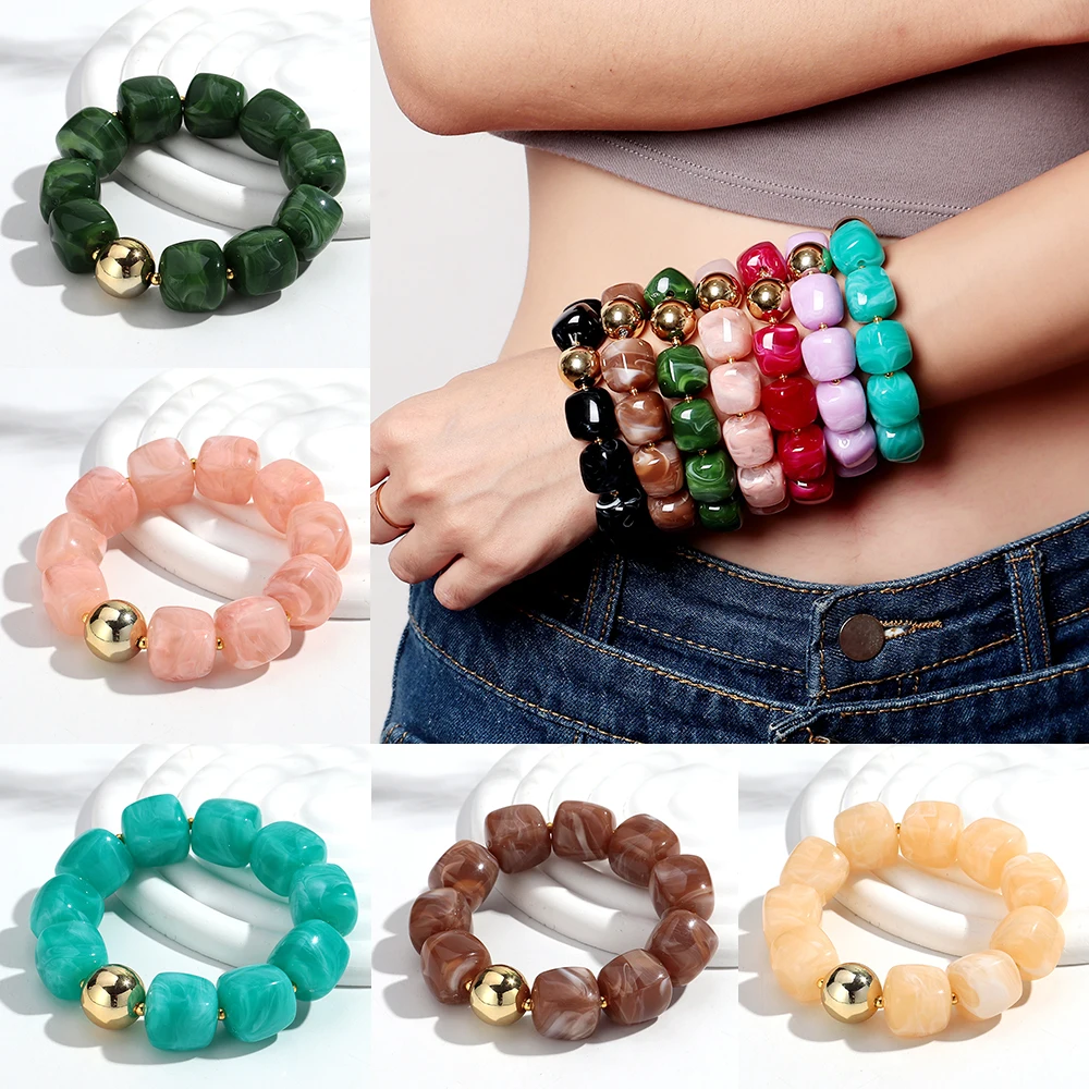 

Fashion Acrylic Big Irregular Square Beaded Bracelet for Women New Trendy Imitation Stone Strechy Bracelet Hand Jewelry Gifts