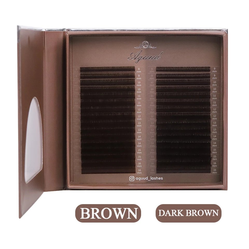 AGUUD Dark Brown Individual Eyelashes Extension Soft Silk Lash Mix 9-16mm Brown Faux Mink Lash Professional Russian Volume Cilio