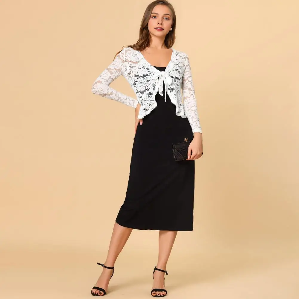 

Однотонный жилет, элегантное кружевное болеро с рюшами по подолу, пальто для женщин, официальная офисная накидка, куртка с завязкой спереди, прозрачное укороченное плечание