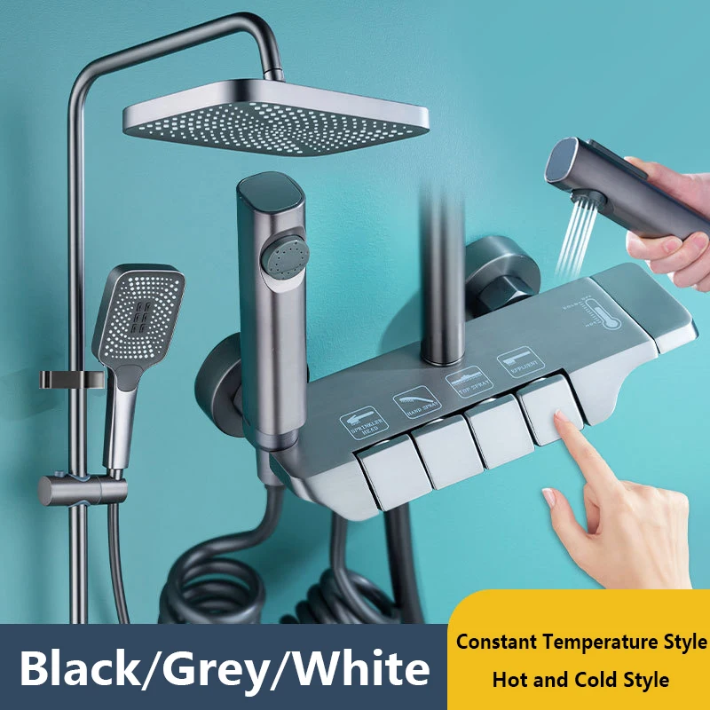 Grey Grey Shower System Set Bathroom Digital LED Rain Showers Faucet Brass Bath Thermostat Rainfall Shower 4 Way with Bidet Taps Sets - Aliexpress Deal