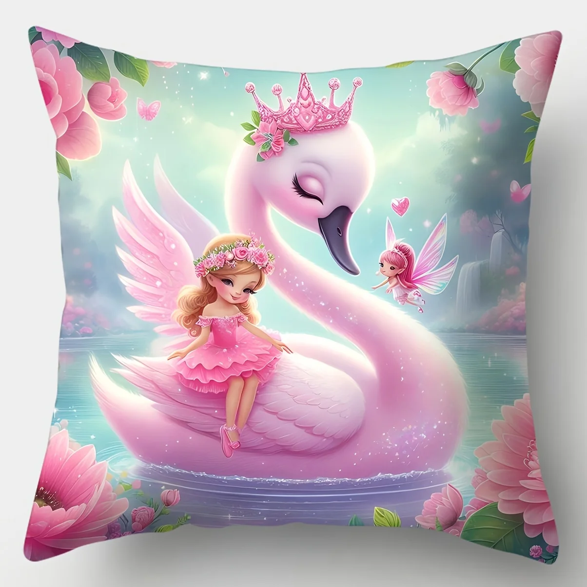 4pcs Pink Swan Fairy Print Pillow Covers, Featuring Pink Dreamy Floral Swan Pattern, Decorative Cushion Cases