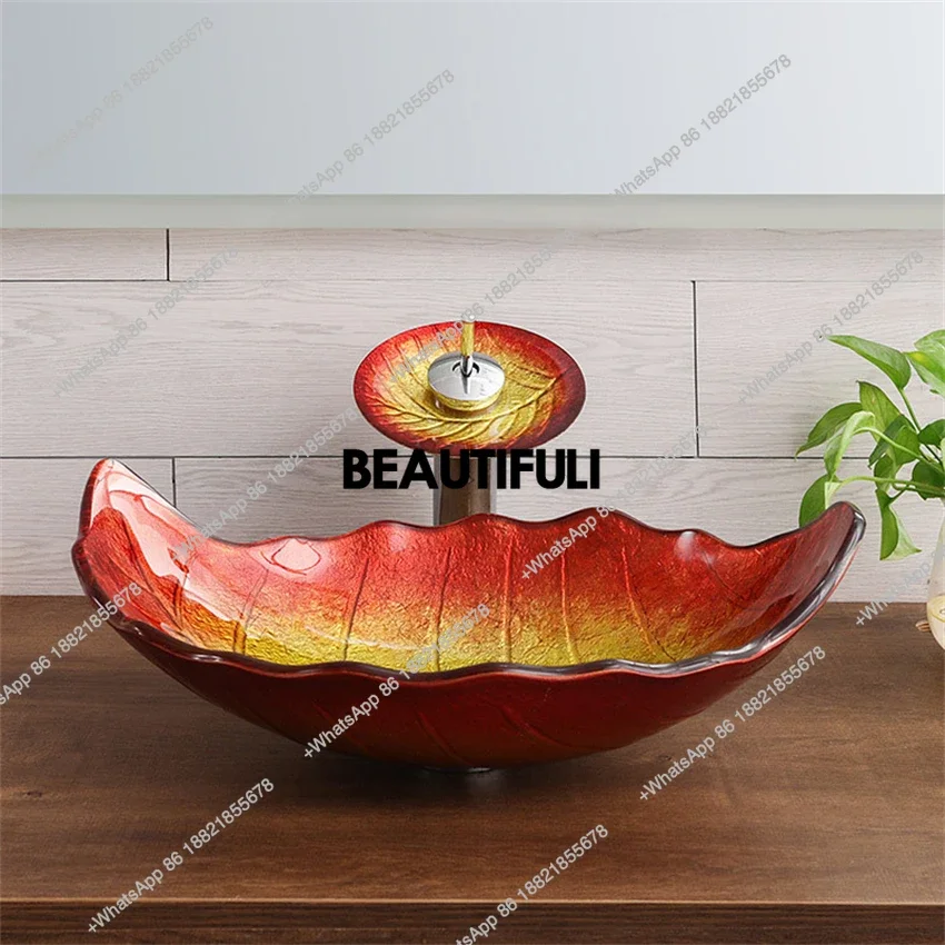 RR Household Washbasin Leaf Shape Bathroom Wash Basin Sink Tempered Glass Wash   Above Counter Basin Hotel Creative Art Basin