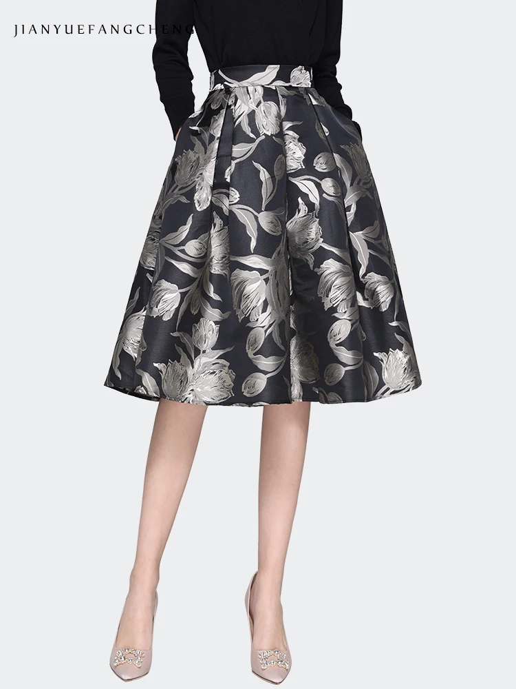 تنورة نسائية بنمط زهري متوسط الطول مع جيوب ، خصر مرتفع ، على شكل خط ، مطوي ، بطول الركبة ، توتو ، رمادي ، ربيع ، جديد ،