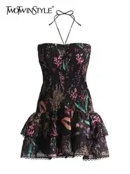 TWOTWINSTYLE, vestidos con estampado de bloques de colores para mujer, vestido Halter sin mangas de cintura alta con pliegues empalmados, vestido adelgazante, moda femenina 2023