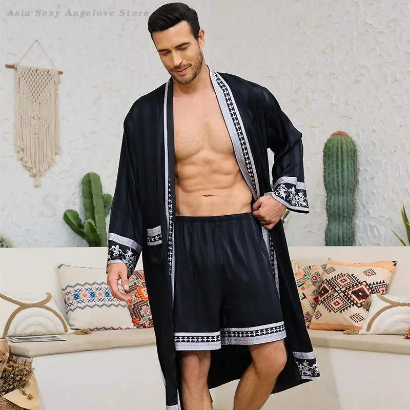 Men Spring Summer Pajamas Set Baroque Style 2PCS Robe Shorts Suit Silk Satin Kimono Bathrobe Loose Casual Homewear Loungewear