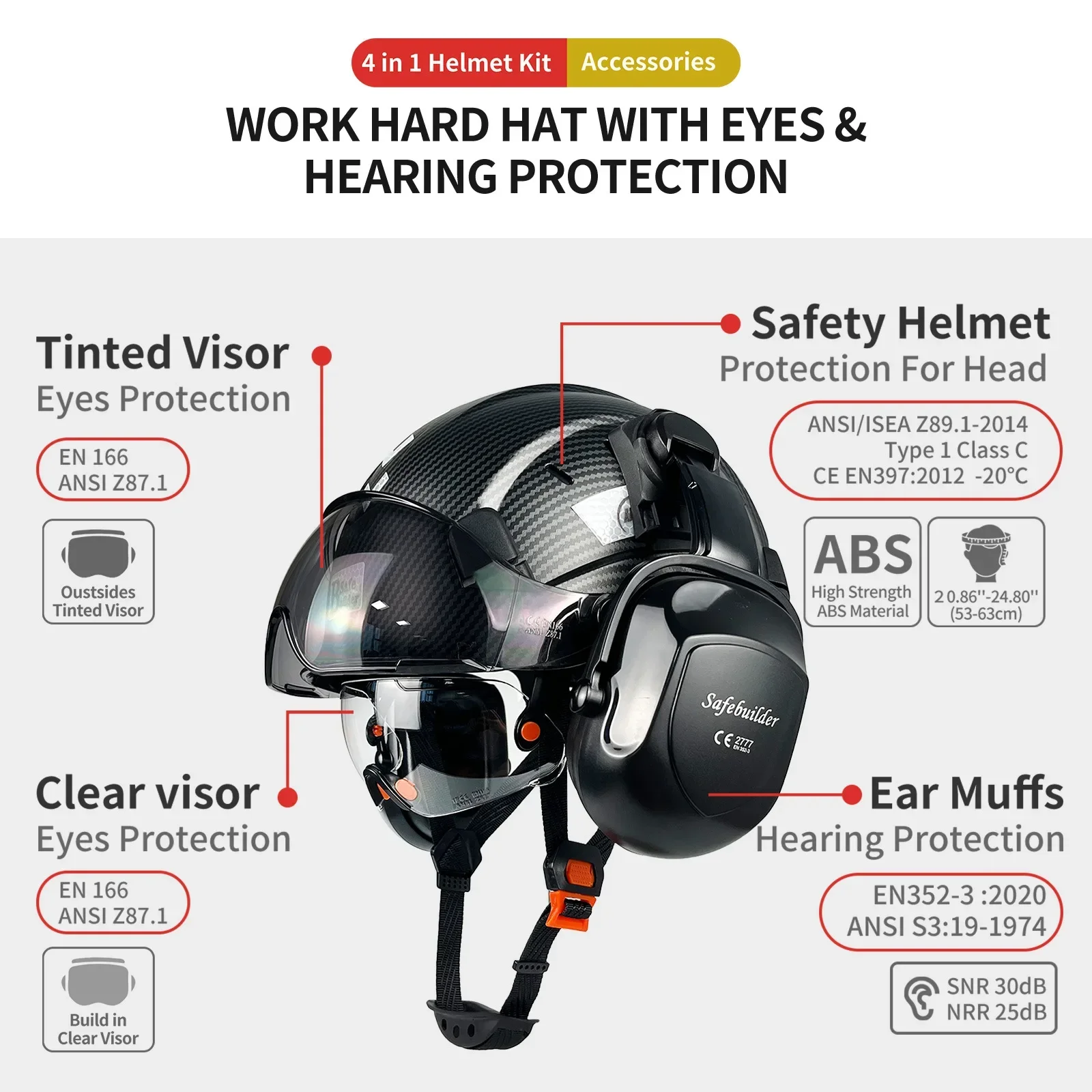 CE Carbon Fiber Pattern Safety Helmet With Build in Visor Earmuff and Reflective Stickers For Engineer ABS Construction Hard Hat