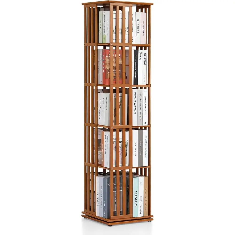 

5-ярусная вращающаяся бамбуковая книжная полка, открытая стеллажная система с поворотом на 360 градусов для гостиной, спальни или офиса, коричневая