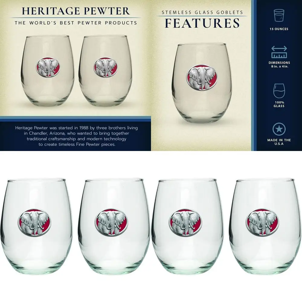 

Set of 2 Elegant 15 oz Stemmed Glass Goblets | Handcrafted Pewter Wine Glasses