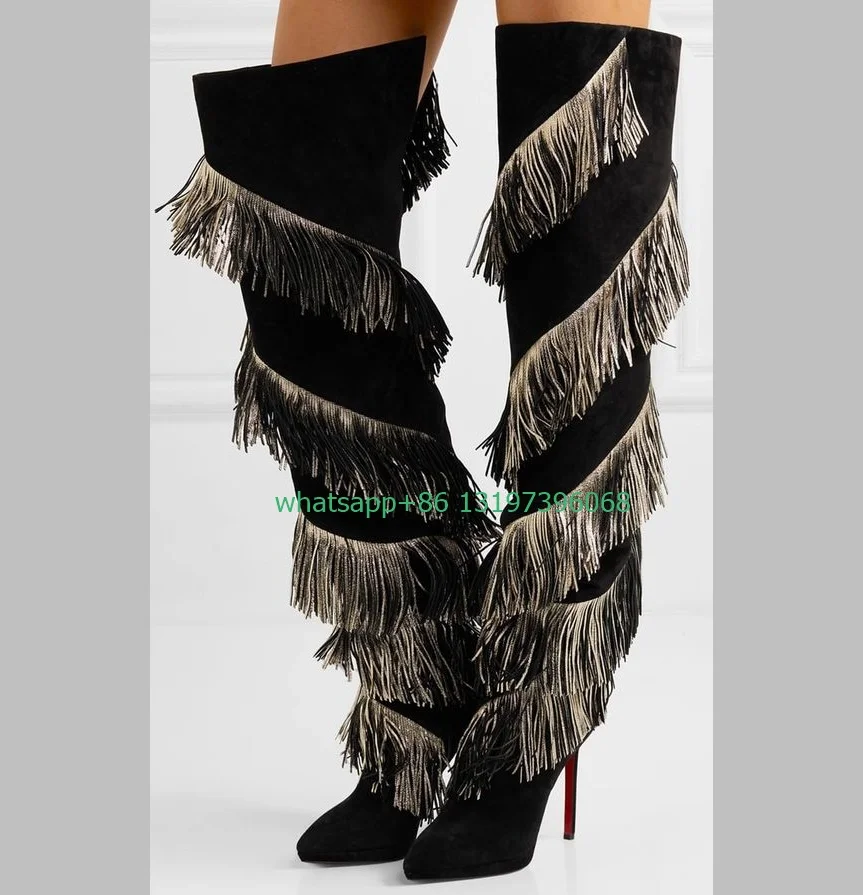 Lady pointed toe tassel design over the knee boots suede black stiletto heel sexy dance boots runway dress boots size 35-46