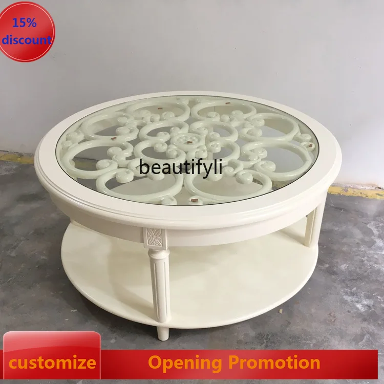 

American country round coffee table reception table French hollow tempered glass table G1218